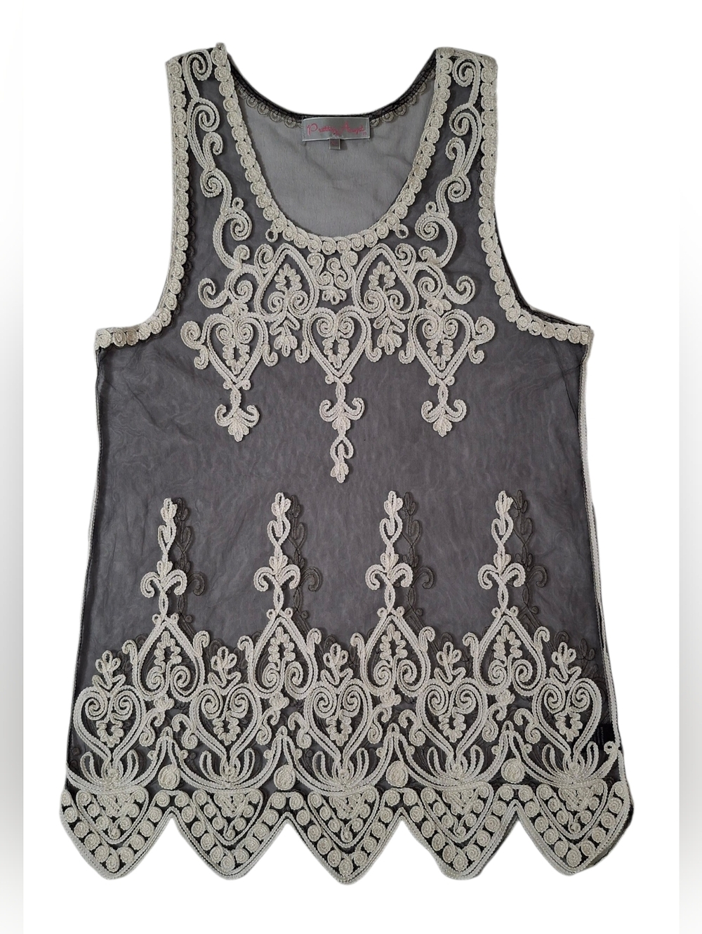 Pretty Angel Sheer Embroidered Mesh Tank Top XL Boho Lace Overlay Scalloped Hem - Picture 6 of 6
